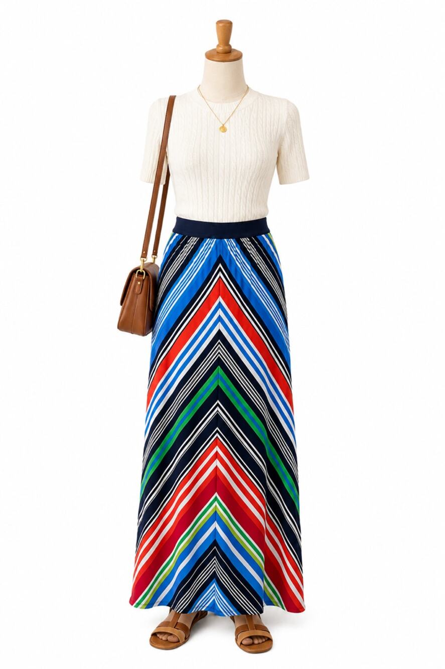Maxi Skirt Chevron Stripe Colorful Stretch Pull On Boho Resort Coastal L